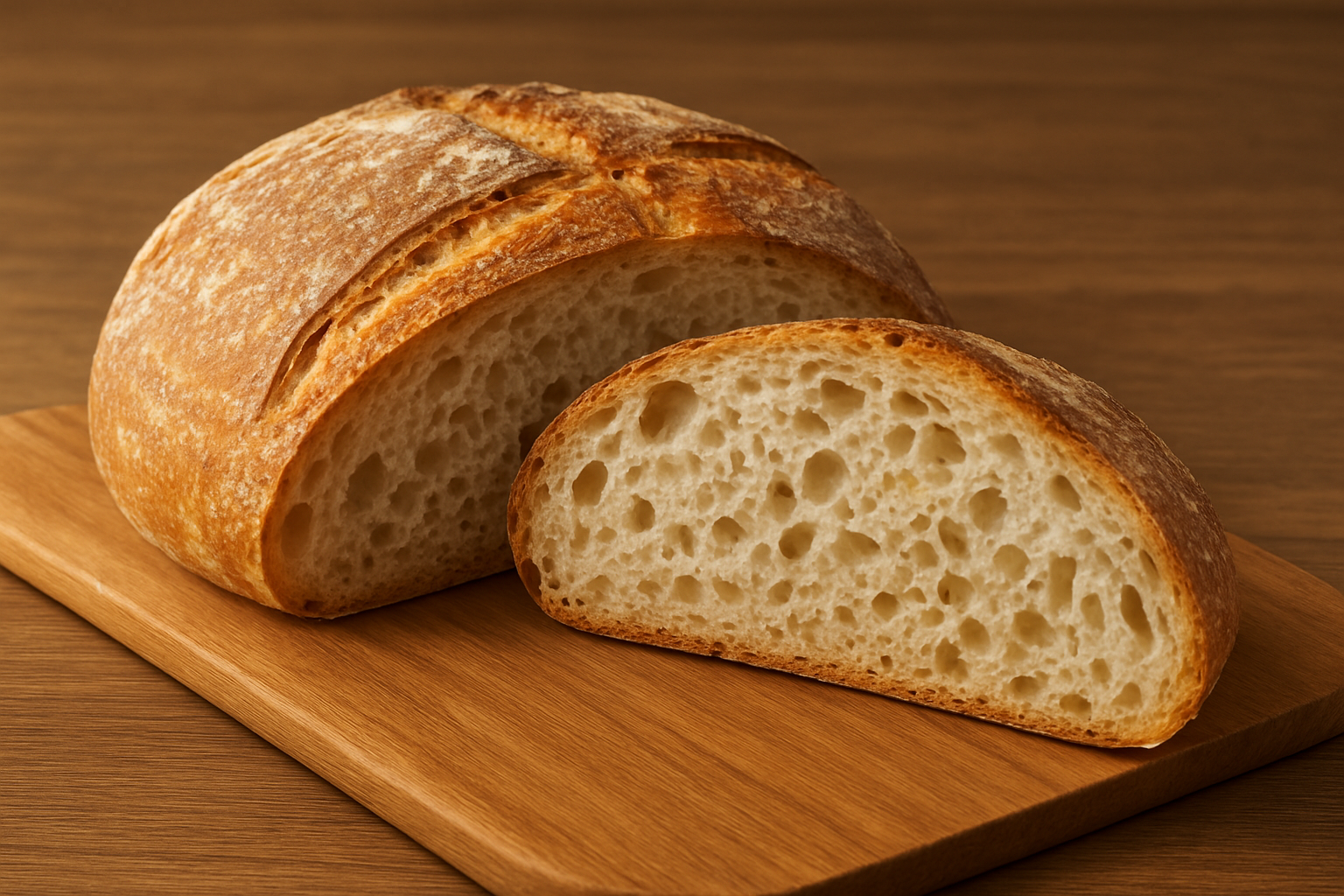 焼き立てのカンパーニュを木製カッティングボードに置き、断面から気泡の美しいクラムが見える構図</span>” class=”wp-image-1738″/><span style=